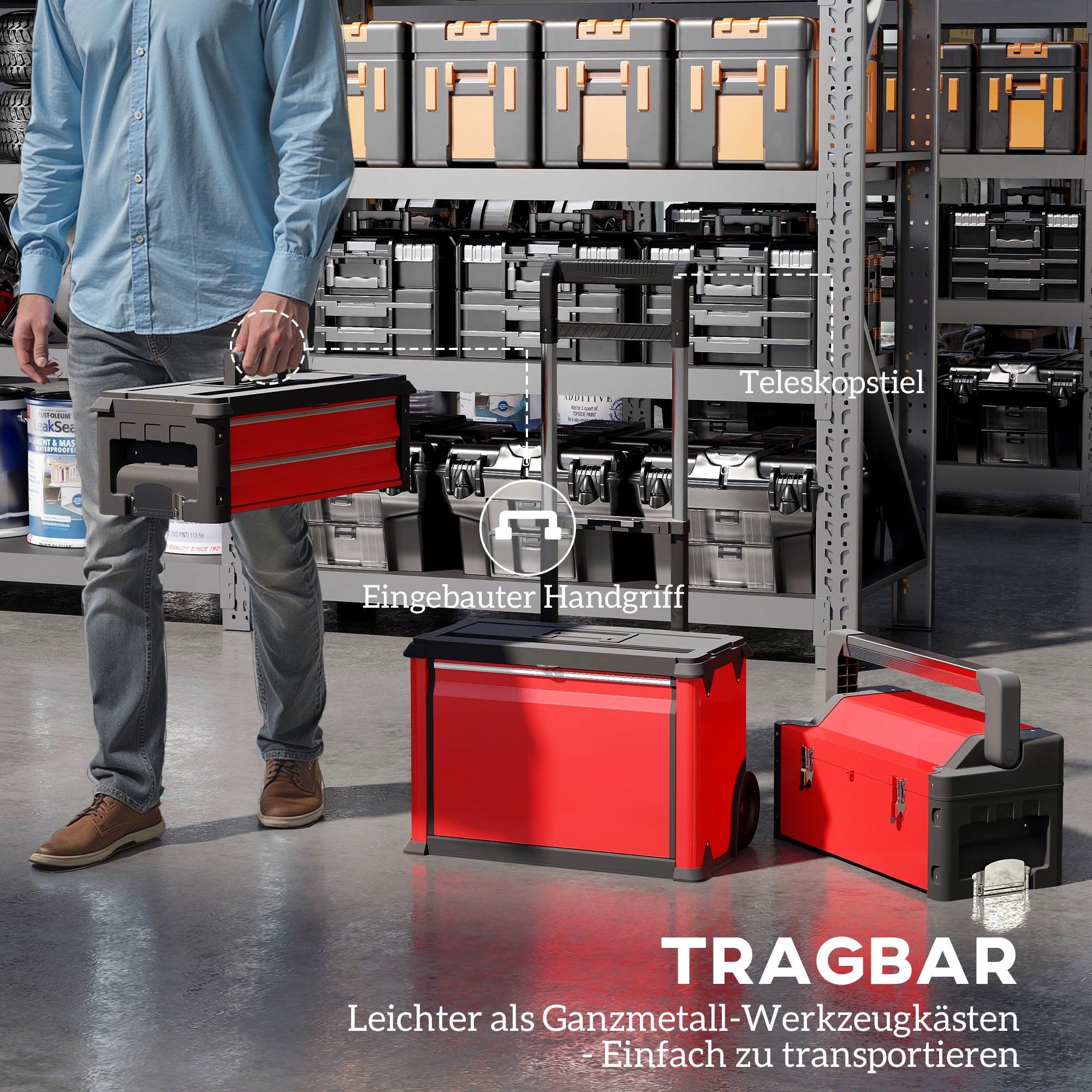 Cassetta portautensili a 3 ripiani con ruote, impilabile, in acciaio e plastica - 7