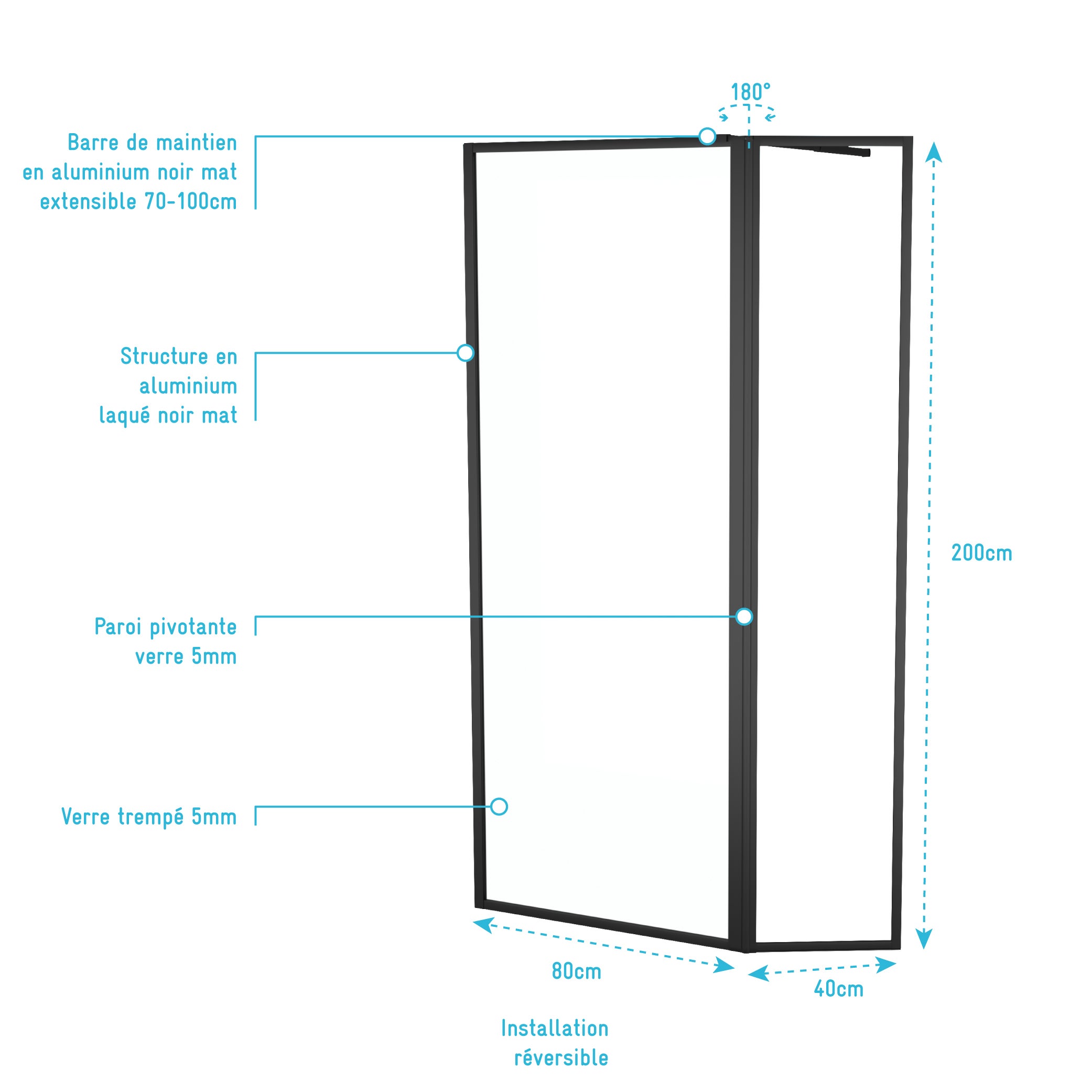 Paroi de Douche avec Volet Pivotant - Cadre et Bras Alu. NOIR MAT - 80+40x200cm - DARK CONTOURING - 4