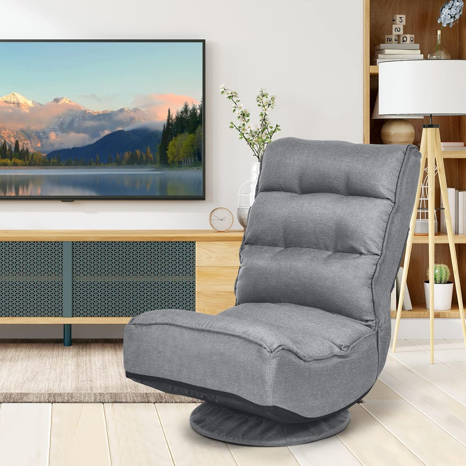 Silla de suelo giratoria 360°, silla de suelo plegable con respaldo ajustable, sillón de juegos, sofá de suelo, soporta hasta 120 kg (gris)