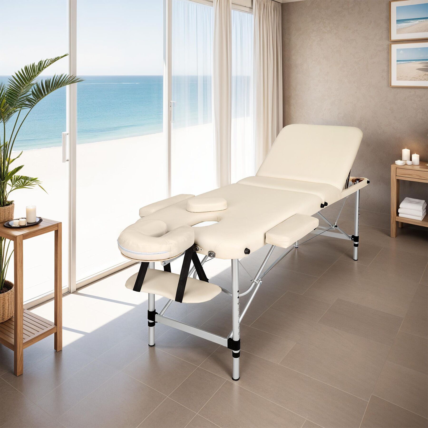 Table de massage en bois, pliante, rembourrage épais, appui-tête amovible, 180 x 61 x 90 cm, beige TECTAKE - 3