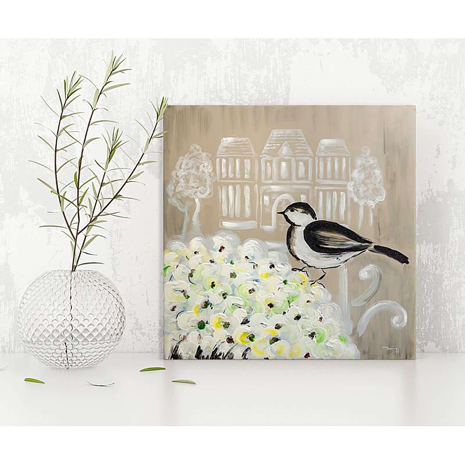 Tableau bois oiseau noir et blanc et des fleurs - 50 x 50 cm - 2