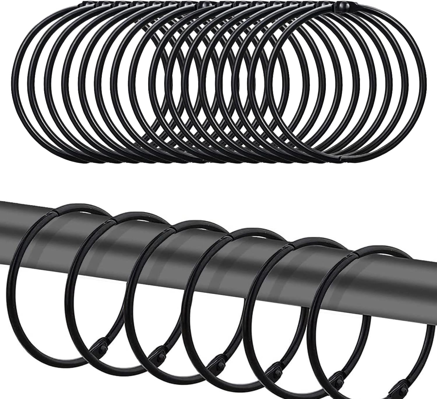 (Czarny) Zestaw 24 okrągłych metalowych pierścieni prysznicowych, metalowych kółek do zasłon, kółek do zawieszania zasłon, do zasłon okiennych, zasło
