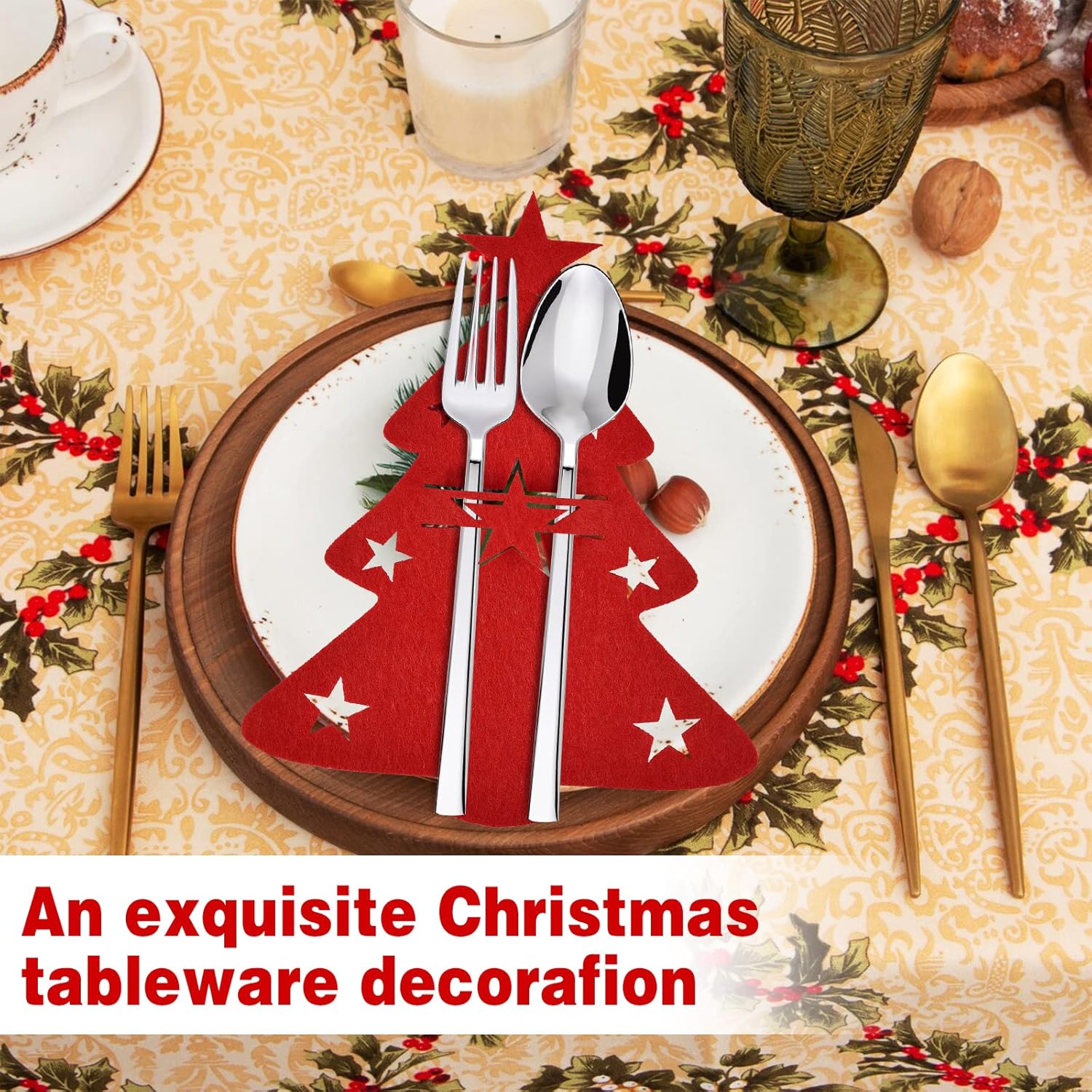 (Albero di Natale rosso A) Set di 12 portaposate natalizi, sacchetto per posate natalizio, utensili da cucina - sacchetto per posate, decorazione da t - 5