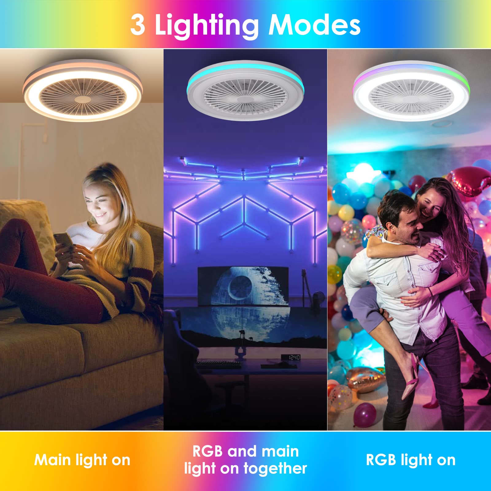 Ventilateur de plafond avec éclairage LED RGB Ø 47cm, Moteur DC Silencieux, Dimmable 3000-6500K, Fonction Été/Hiver, Mémoire & Minuterie, Télécommande - 5