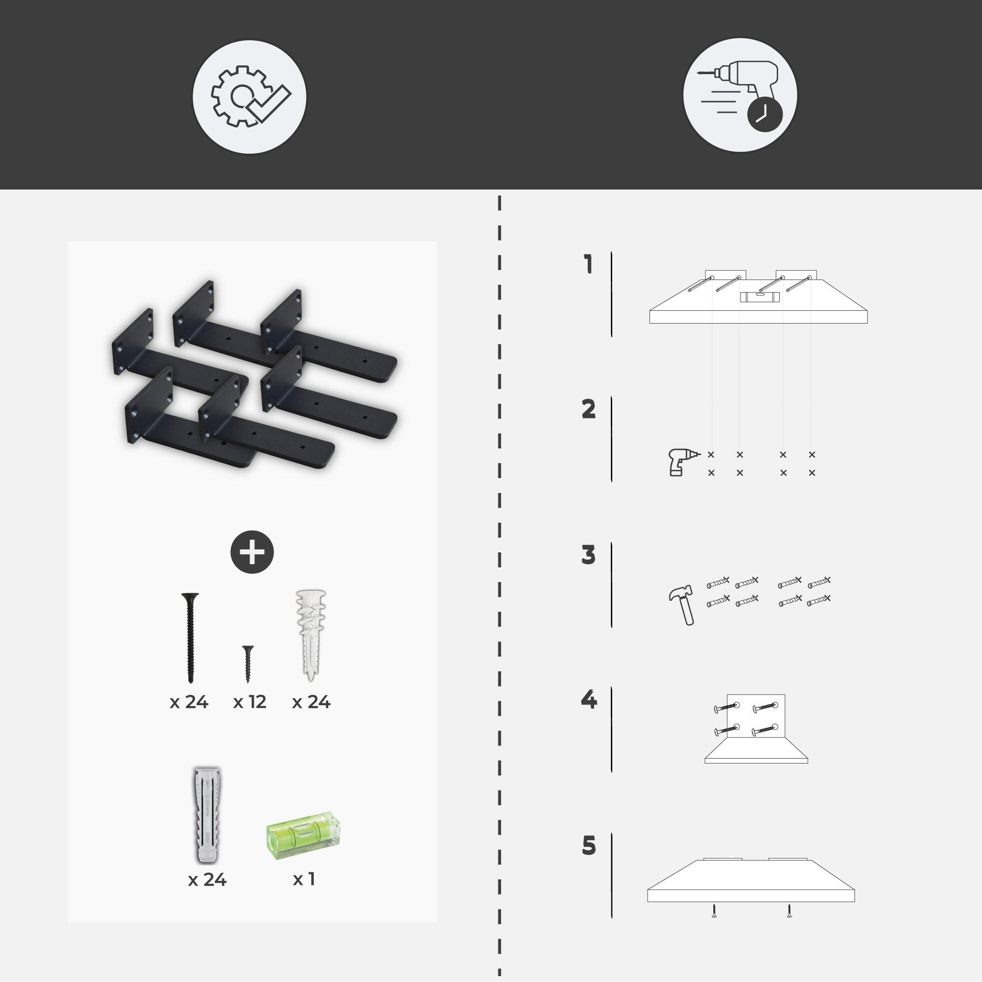 Pack 6 Équerres métalliques 15 cm pour étagères | Support résistant 70 kg | Design industriel noir | Fixation cachée, installation facile - 6