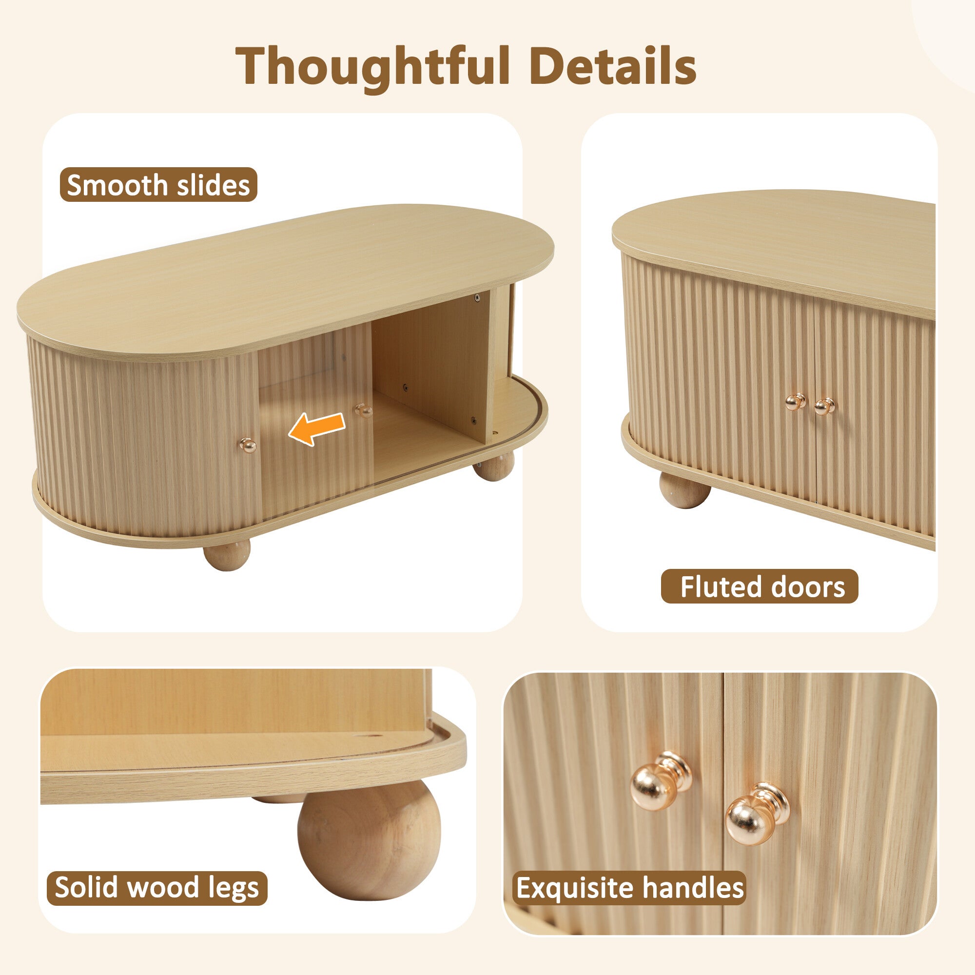 URBAN MEUBLE Table basse ovale effet bois clair 2 portes coulissantes multifonctionnel - 4