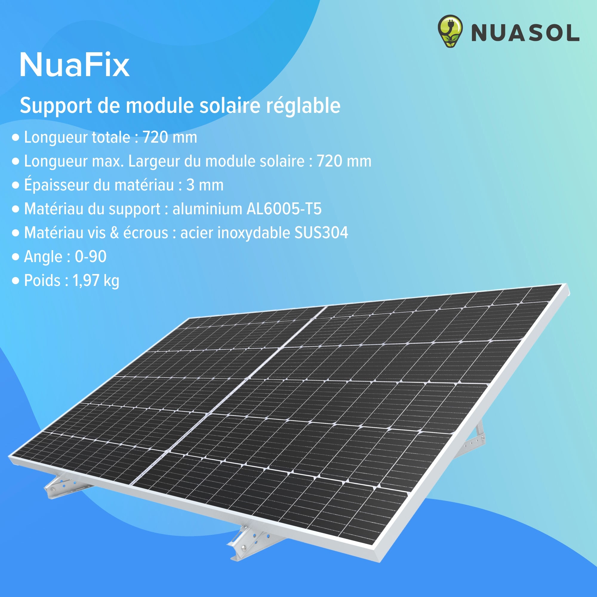 NUASOL Support pour panneau solaire jusqu'à 72 cm - Toit plat PV - Réglable de 0 à 90 ° - Lot de 4 - Aluminium - Matériel de montage - 6