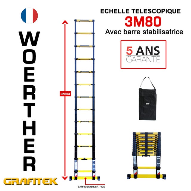 Scala Telescopica Woerther 3m80 con Barra Stabilizzatrice + Custodia – Garanzia 5 Anni – Qualità Superiore