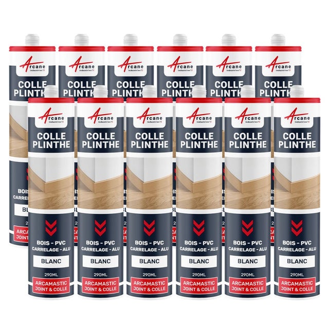 Mastic Colle Plinthes bois, carrelages, parquet, marches : ARCAMASTIC JOINT ET COLLE Blanc - 290 ml x 12 - ARCANE INDUSTRIES