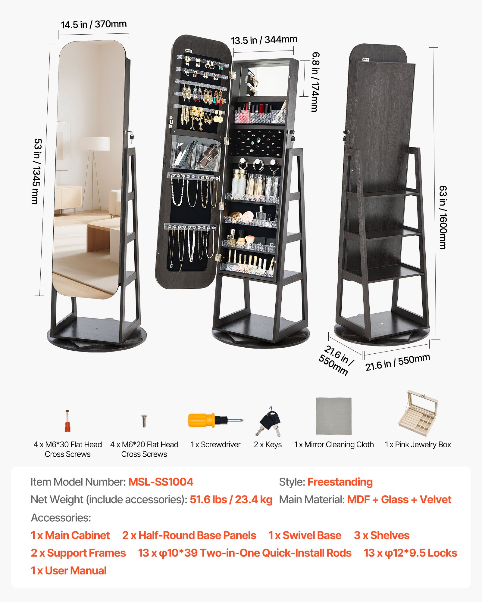 Armoire à Bijoux Pivotante VEVOR 360°, sur Pied 1600 mm avec Miroir Pleine Longueur, Rangement & Porte Verrouillable à 2 Clés, Pochettes Accessoires - 7
