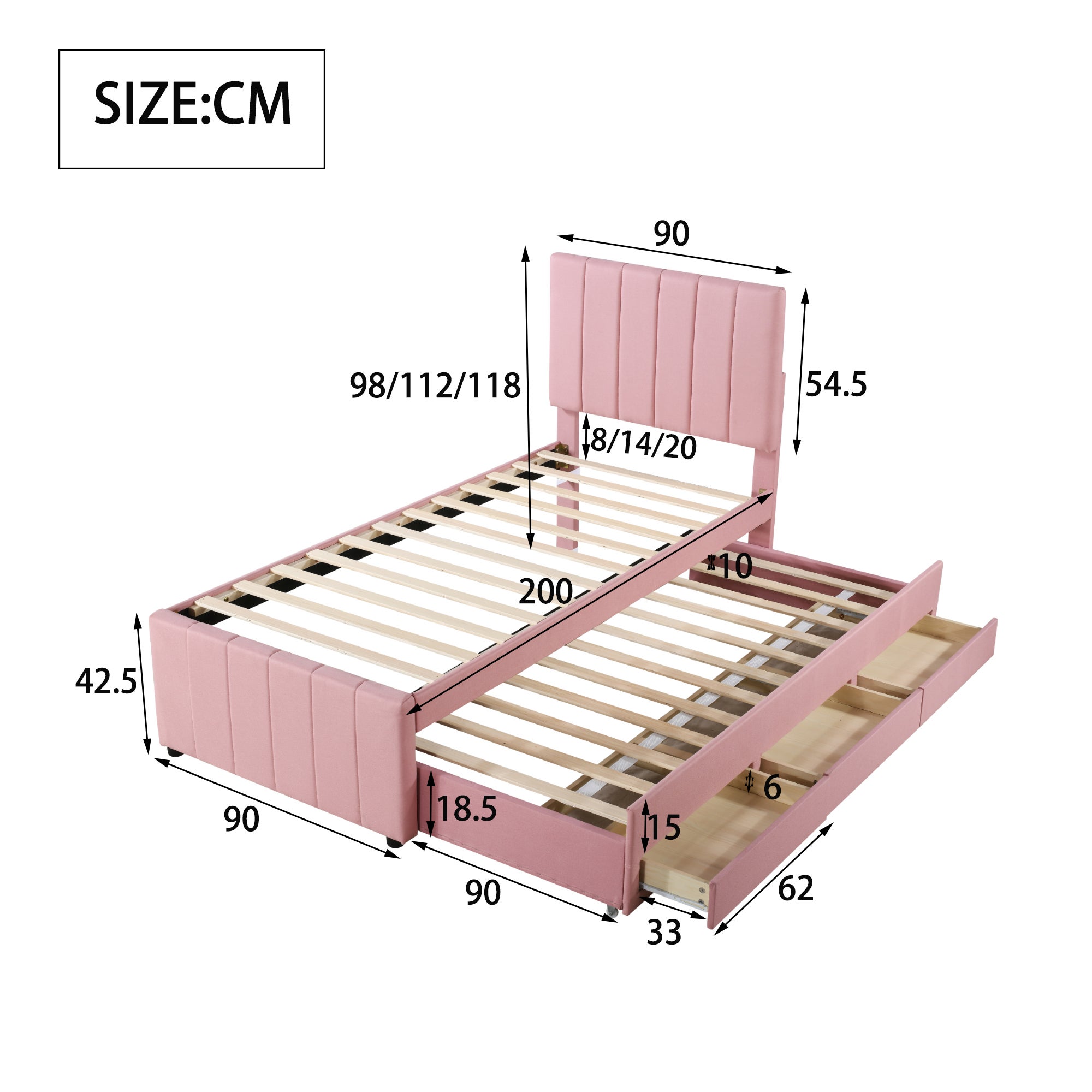 Łóżko tapicerowane lniane 90x200cm - z łóżkiem wysuwanym na kółkach i 3 szufladami - Różowe - 6