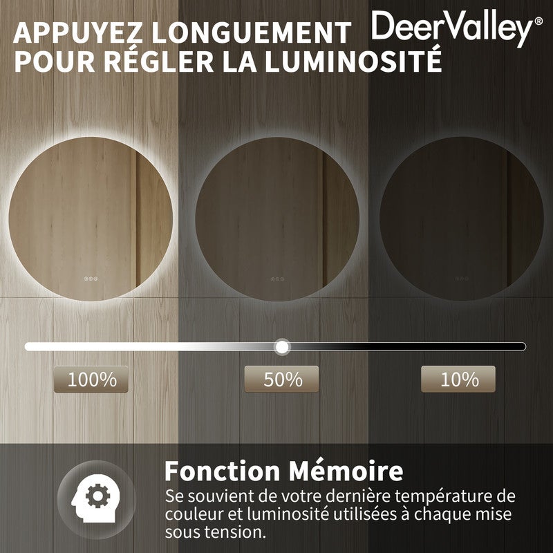 Miroir de Salle de Bain LED Rond DeerValley 80x80cm - Rétroéclairage Dimmable, Antibuée, Incassable, Bluetooth, 3 Températures - 7