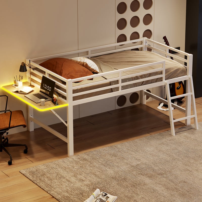 Łóżko piętrowe metalowe 90x200cm z oświetleniem LED - z opuszczanym biurkiem i stelażem - białe