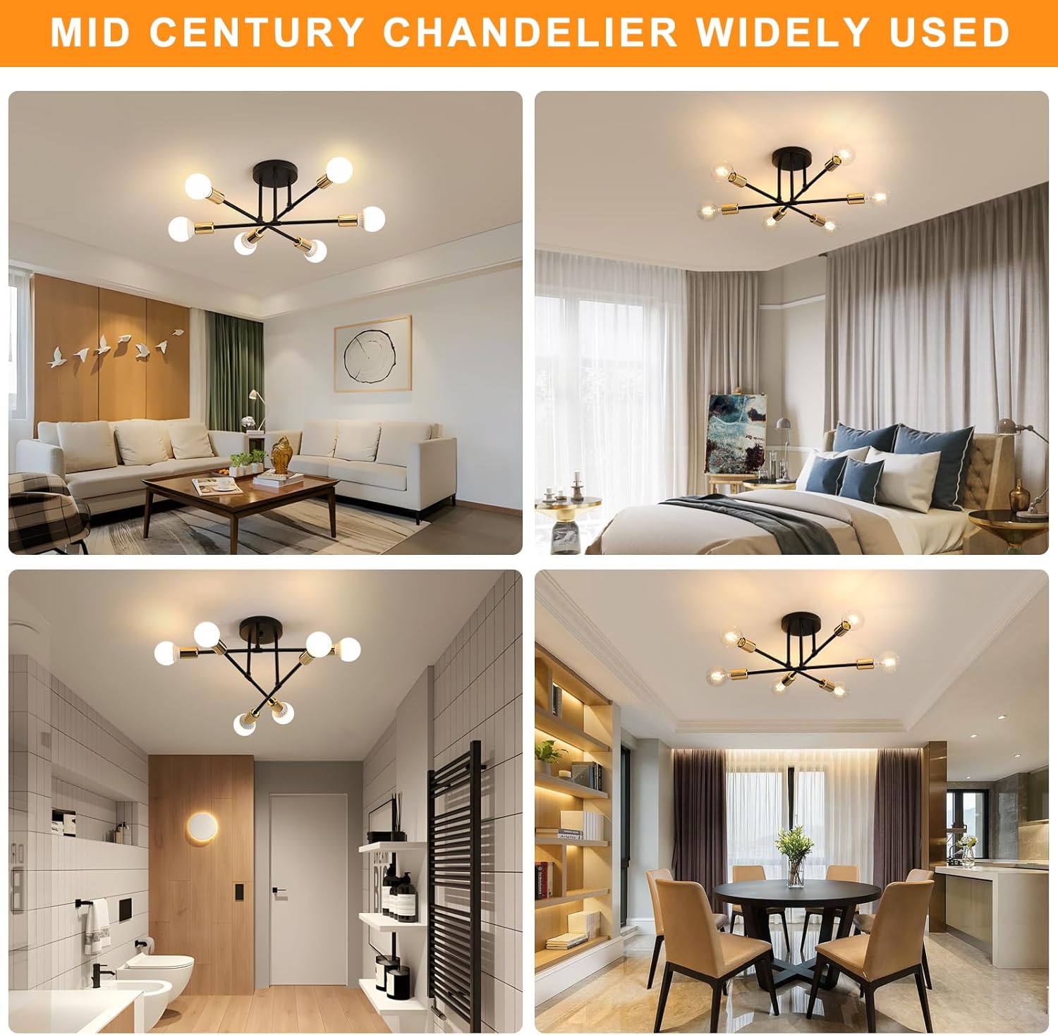 GOECO Plafonnier salon industriel,Luminaire salon,Lustre Vintage Industriel à 6 Lumières avec Douilles E27 pour,Idéal pour salon, chambre et cuisine - 8