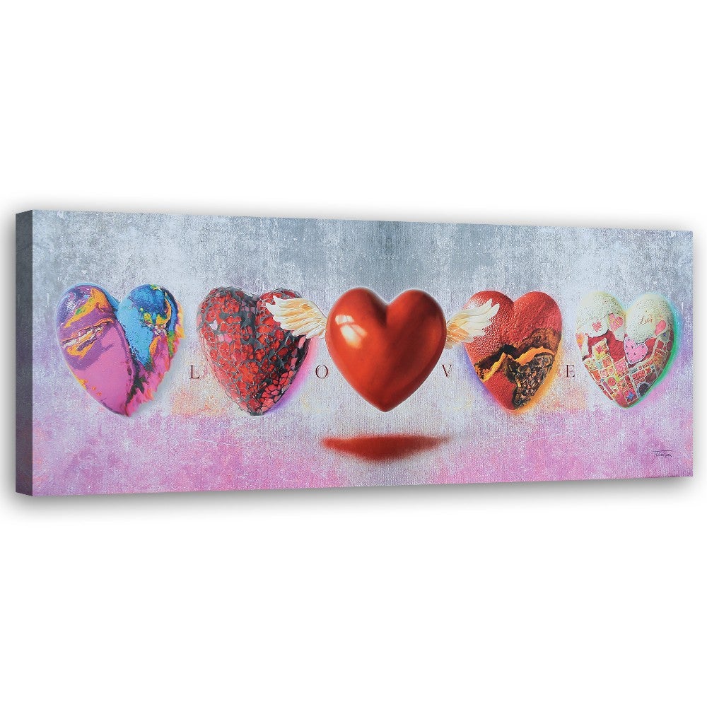 Obraz na płótnie, Serca i napis love na różowym tle 120x40