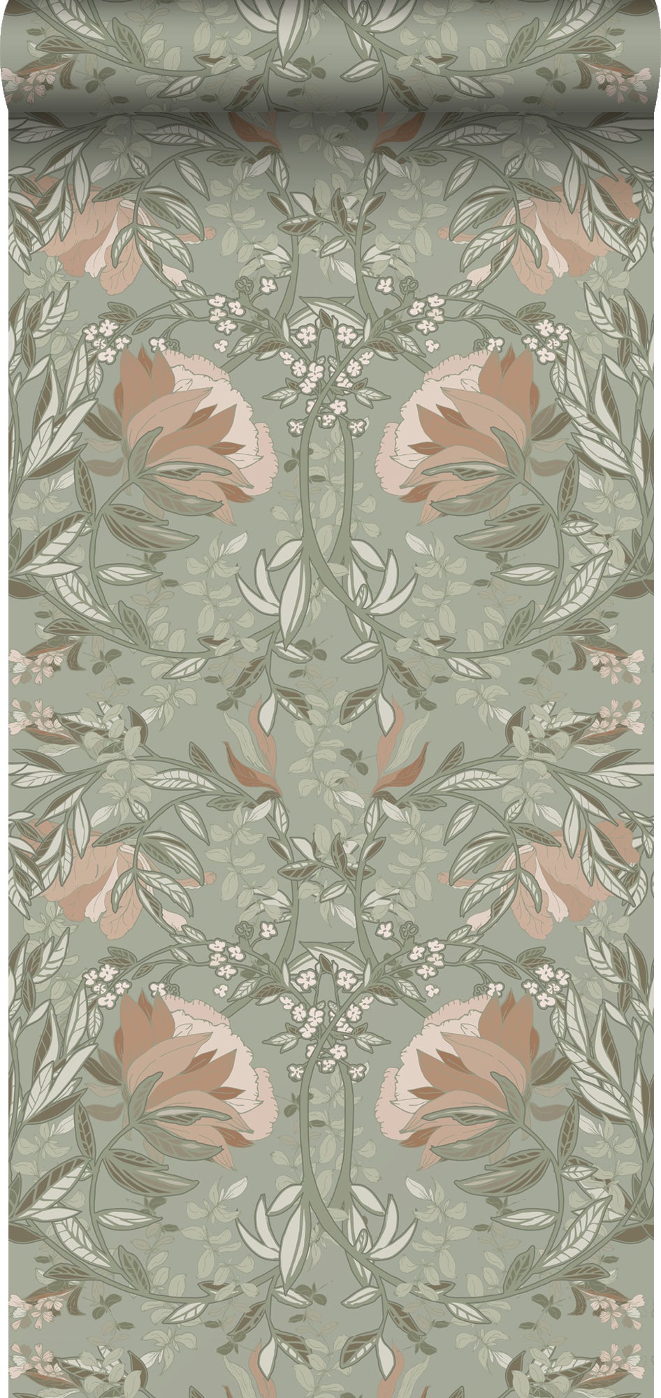 Papel pintado flores vintage en estilo art nouveau verde grisáceo y rosa viejo - 0.53 x 10.05 m - estahome