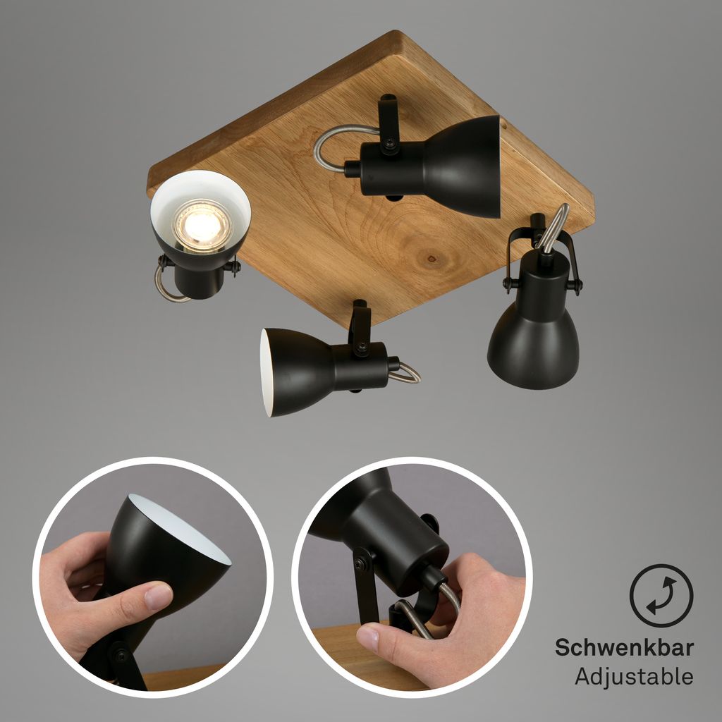 Plafonnier Spot BRILONER LEUCHTEN ARBO, 35 W, IP20, noir, bois-métal, incl., 4x GU10, 28 x 28 x 13,5 cm - 6