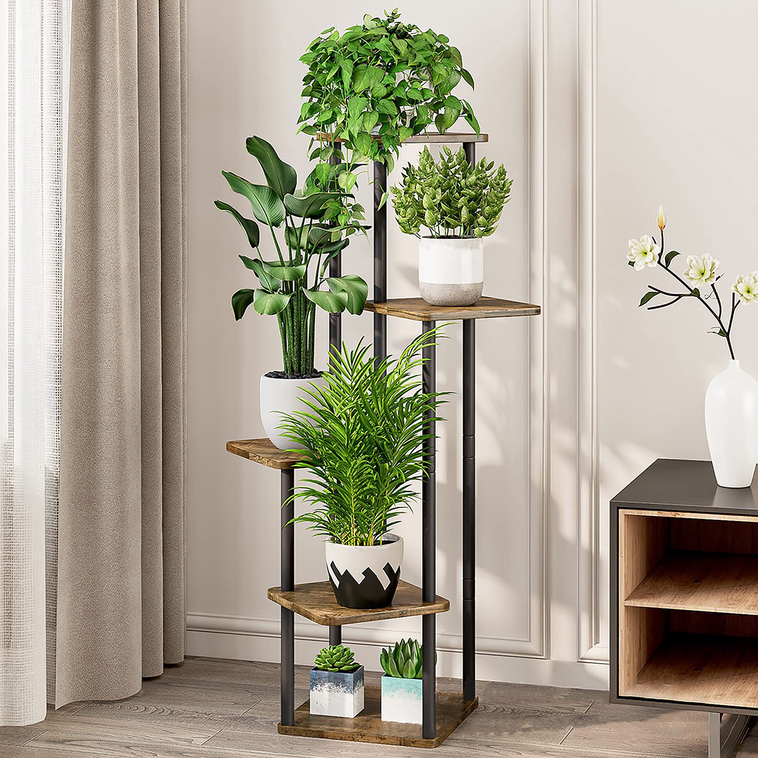 Étagère pour plantes à 5 niveaux pentagonaux, en fer et MDF, 107 x 58 x 58 cm, d'intérieur, Industrial noir, Relaxdays - 2