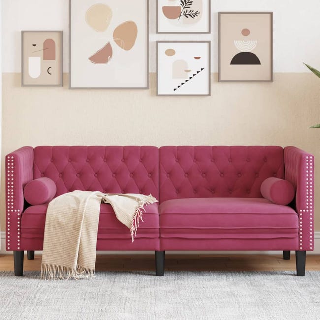 Canapé Chesterfield 2 Places Velours Bordeaux - Avec Traversins, Rembourré - Dimensions 174 X 74,5 X 70,5 Cm