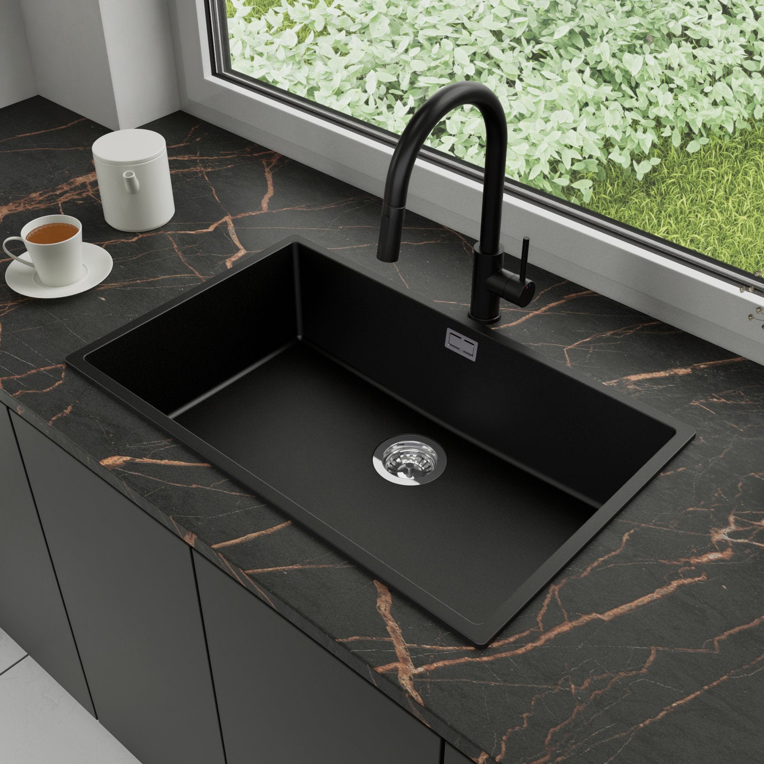 Zlewozmywak Granitowy 76x47cm, do szafki od 80cm + Bateria + Syfon - Agate Czarny STONESTYLE