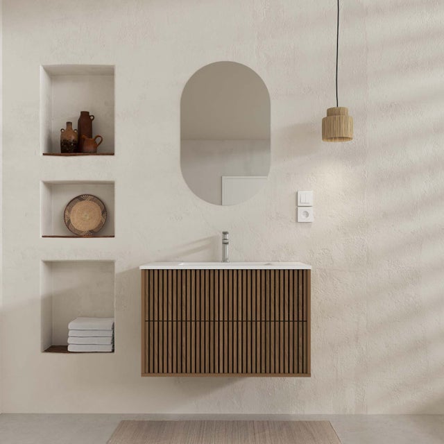 Mueble de Baño 2 cajones 80 Roble y Negro - Lavabo Blanco - Espejo Oval