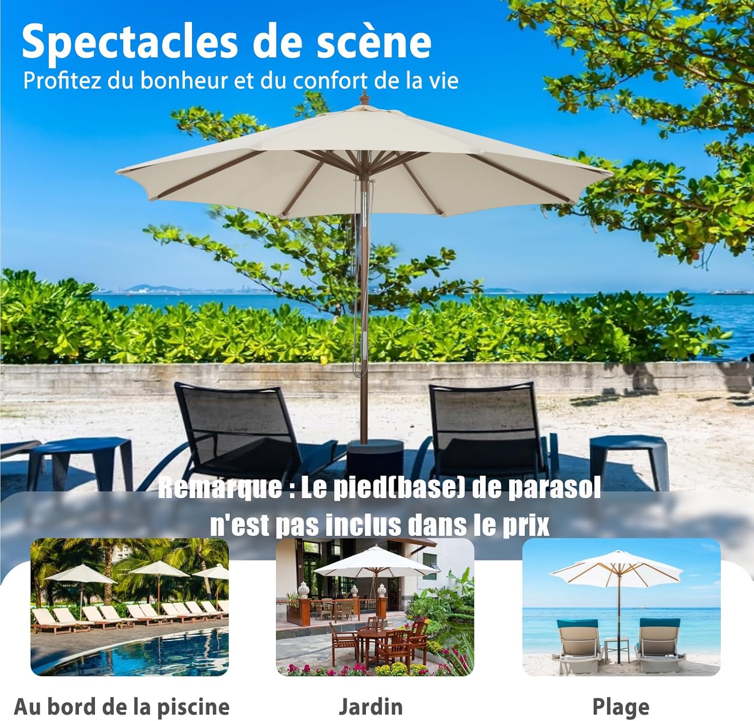 parasol inclinable ø2,7m toile polyester imperméable avec cordon de serrage 8 baleines ventilation pour jardin cour beige - 9