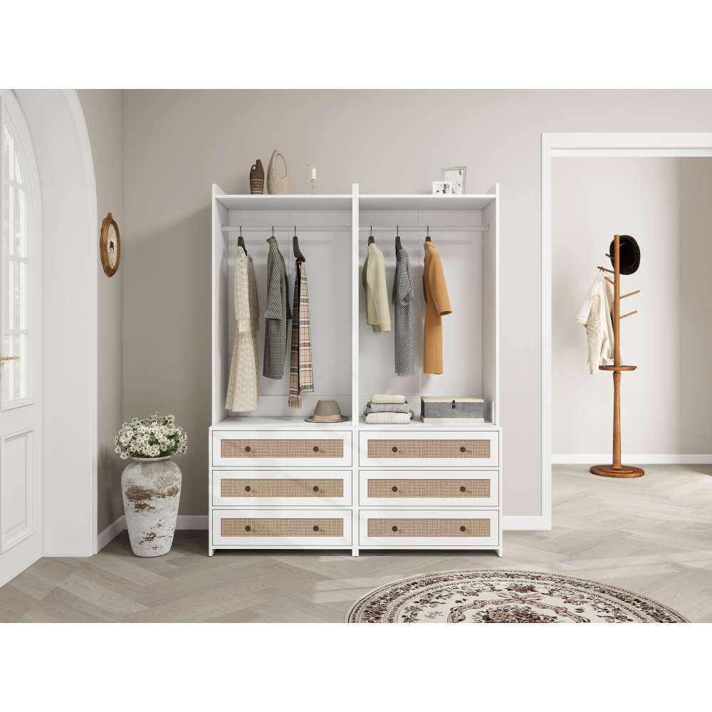 Armadio bianco con cassetti stile boho – MDF e rattan