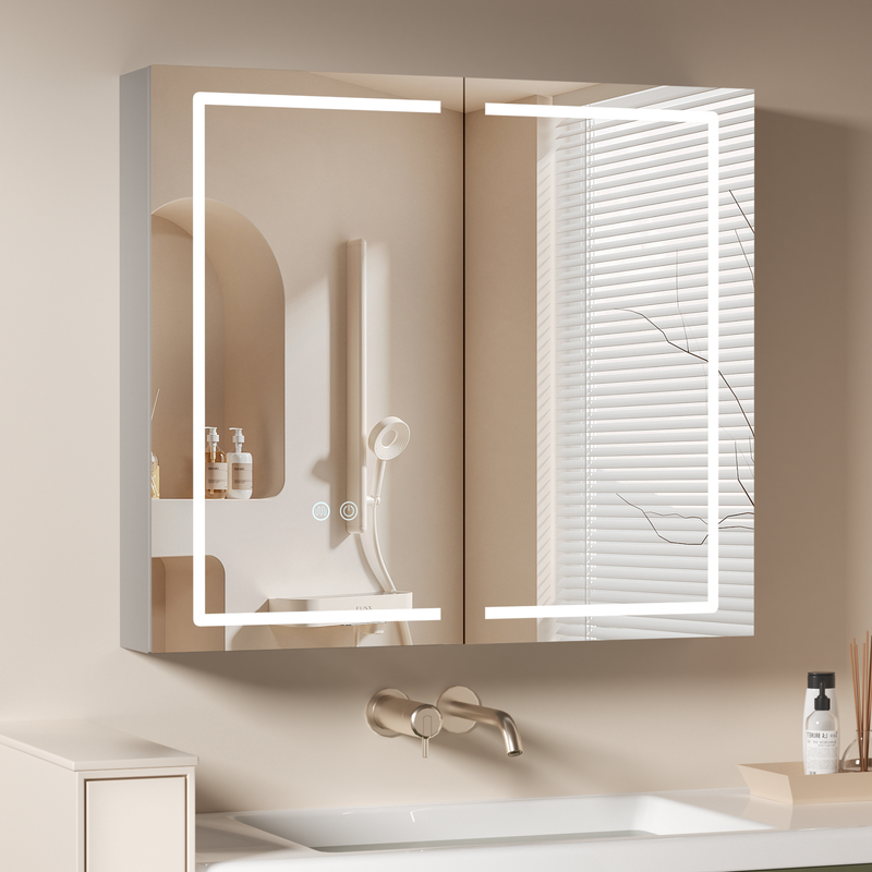 Armario con espejo led 80*70 cm gris premium, camerino de baño con enchufe y usb, antivaho y cierre suave, totalmente ensamblado