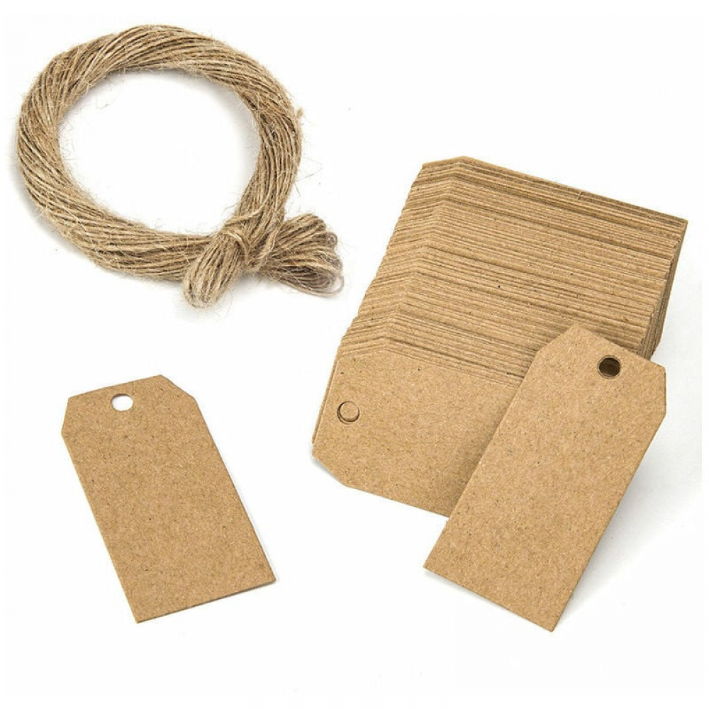 Zestaw 100 etykiet z papieru kraft - Etykiety do zawieszenia ze sznurkiem jutowym o długości 20 m do prezentów, na wesela, Walentynki - 2,5 x 5 cm