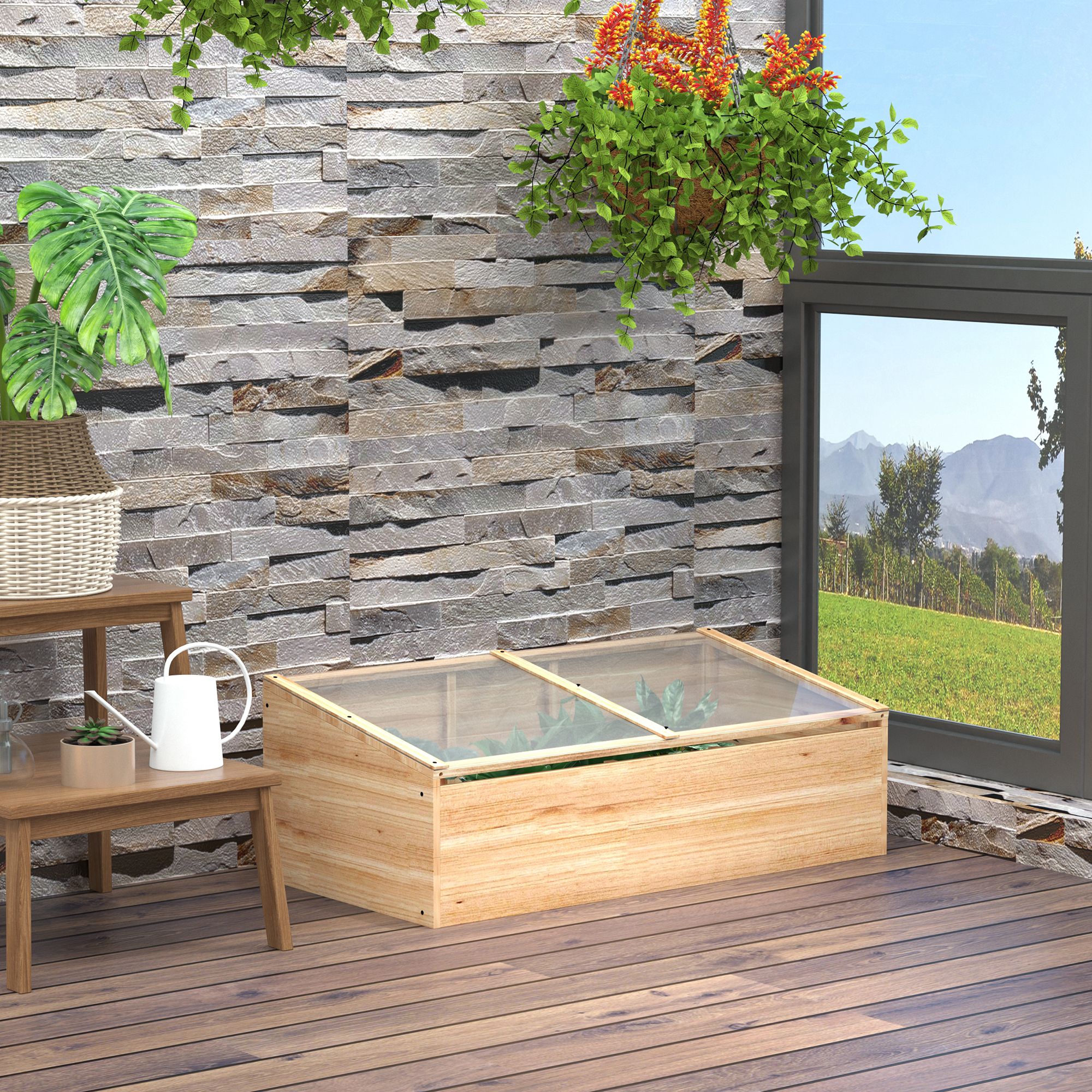 Serre en bois avec châssis froid, jardinière et bac à plantes pour jardin et balcon, 100 x 50 x 35 cm, sapin naturel, panneaux de particules. - 2