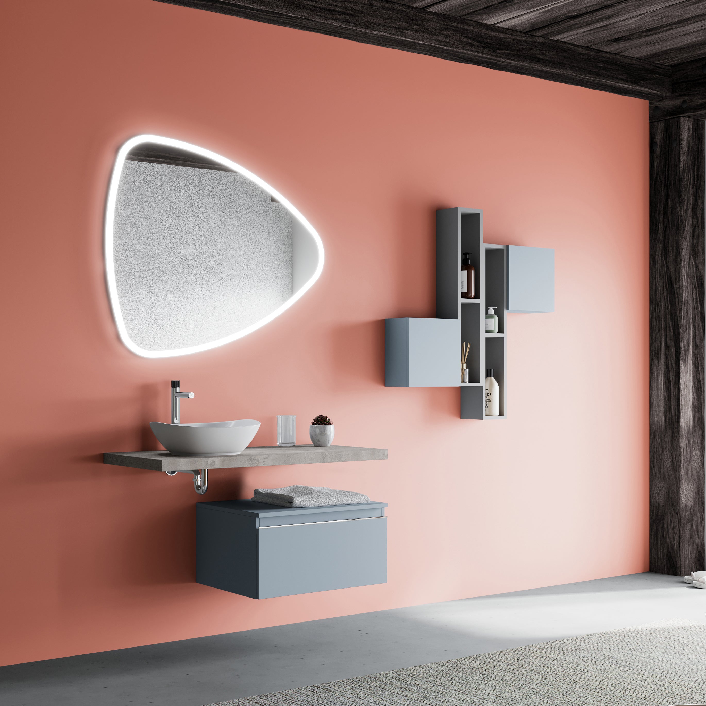 Beton top 100cm lavabo de sobremesa con cajón azul 60cm espejo led | lagos