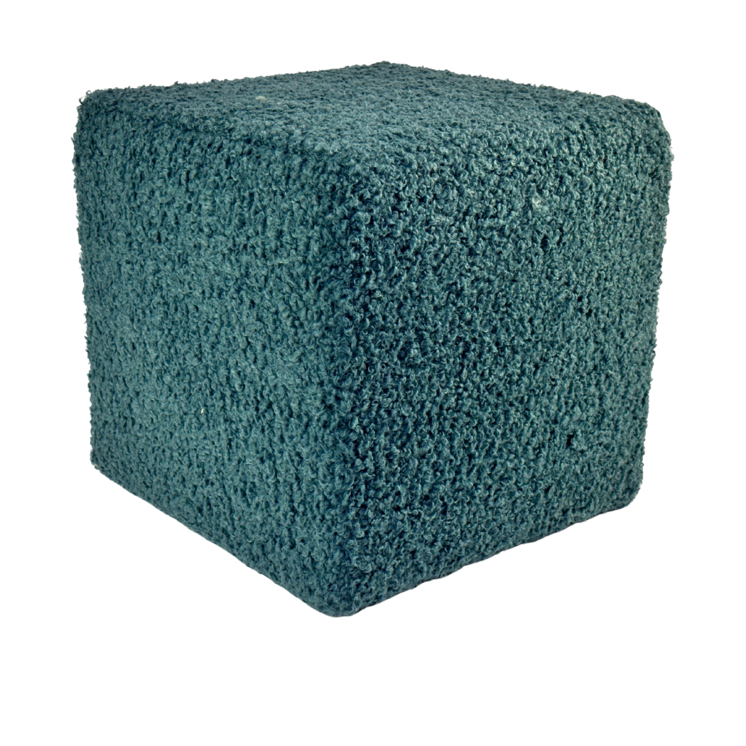 Pufa 40x40 cm kwadratowa ROLF tkanina baranek bouclé stylowy podnóżek dodatek do wnętrz morska