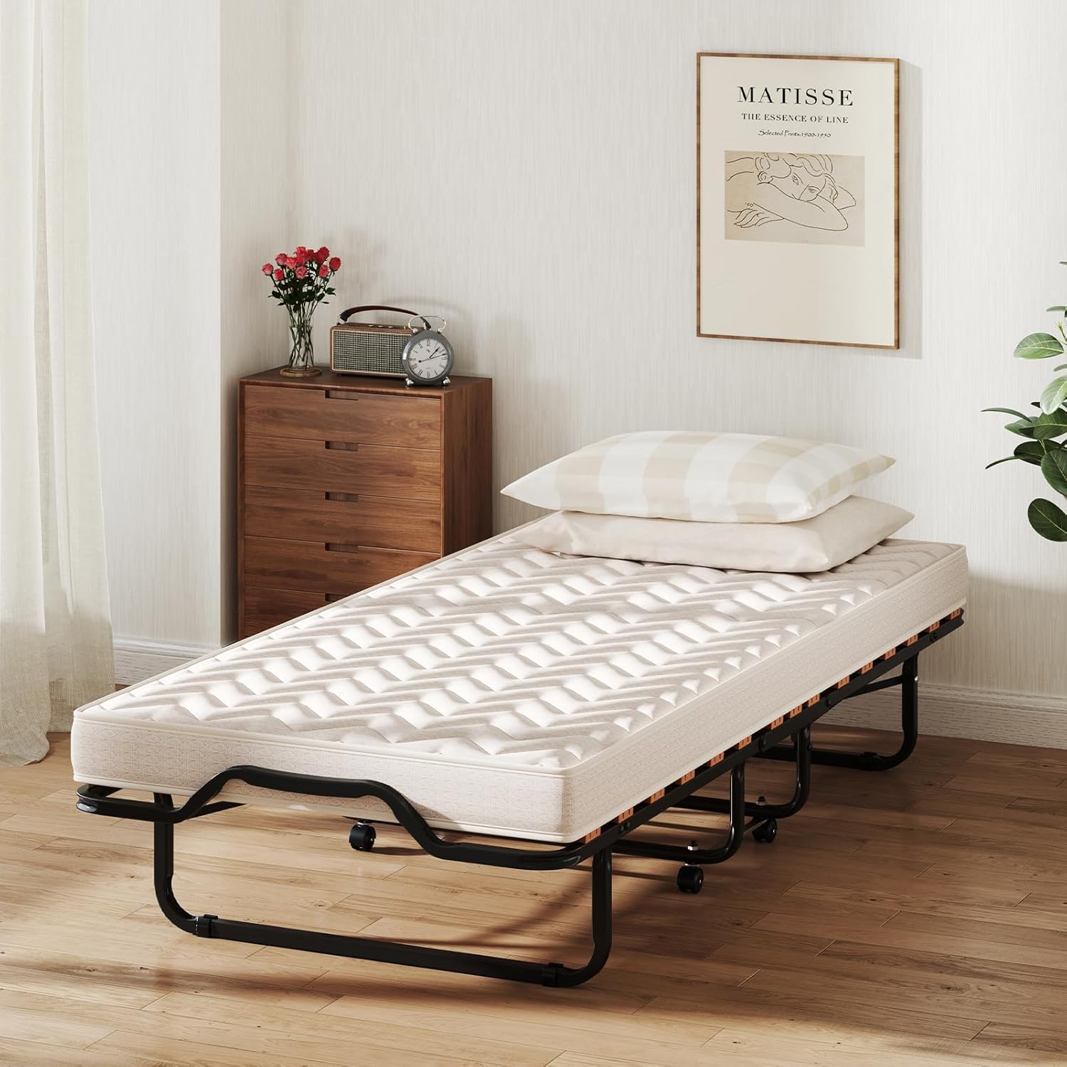 Składane łóżko dla jednej osoby 80 x 200 cm z materacem ortopedycznym z pianki memory 10 cm, nośność 120 kg, łóżko dodatkowe na 4 kółkach, beżowy - 8