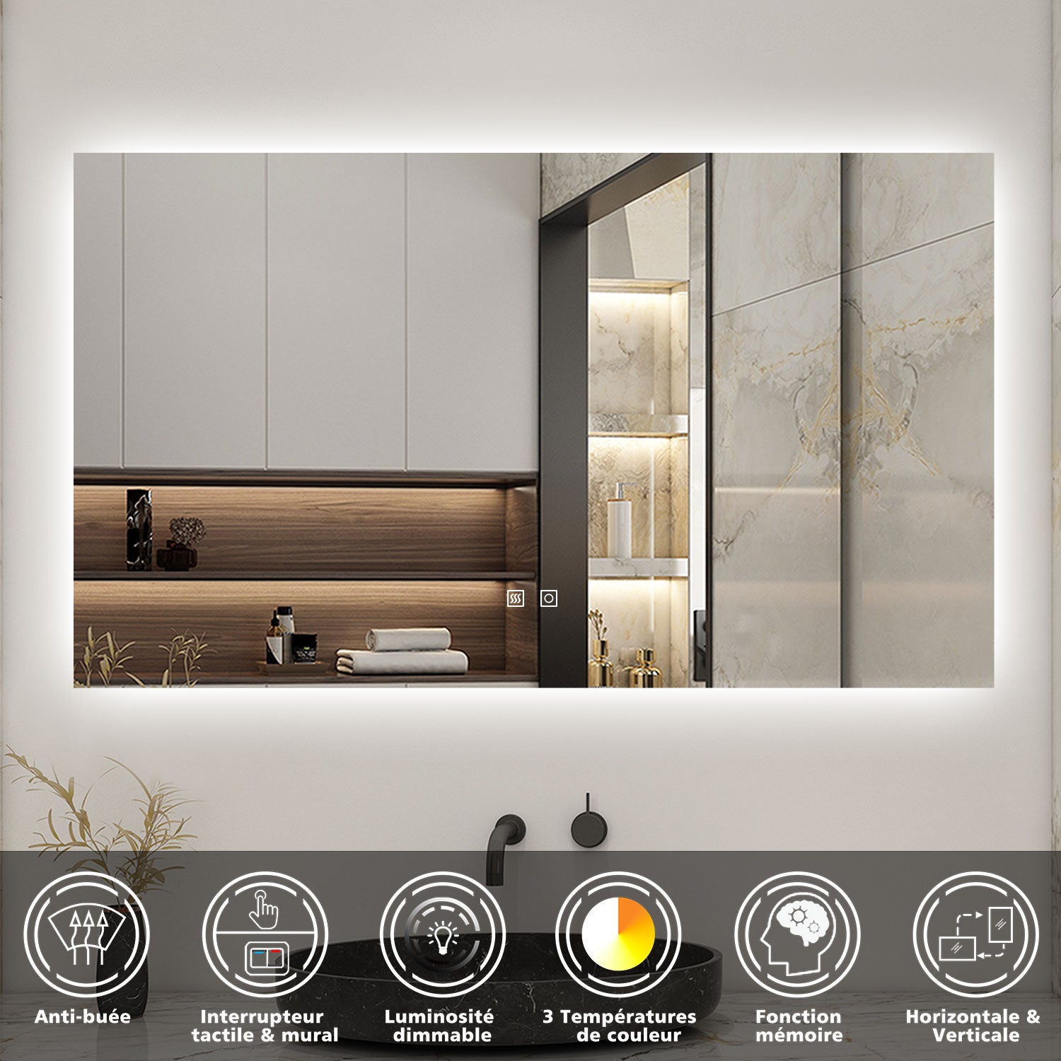 AICA LED Miroir lumineux 100x60cm 3 couleurs + anti-buée + dimmable + mémoire miroir salle de bain - 2