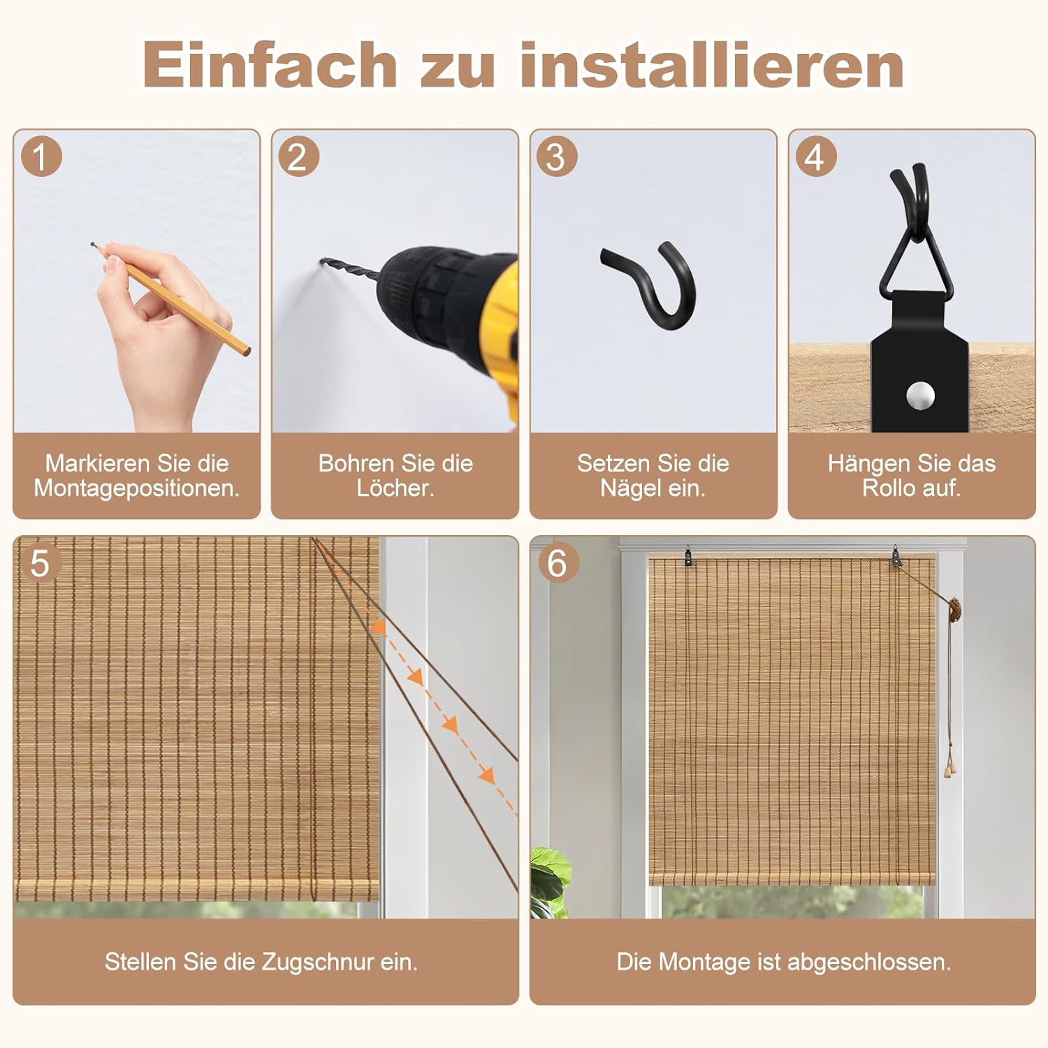 WOLTU Store Enrouleur Bambou, 100x220 cm, Store Bambou, Protection Solaire, Store Vénitien en Bambou, Tirage Latéral, Store Tamisant, Marron - 5