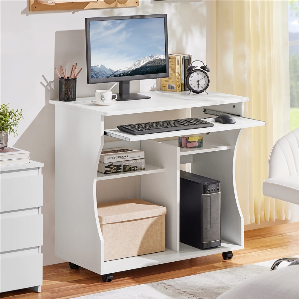 Bureau Informatique à Roulettes en Bois avec Plateau pour Clavier Étagères de Rangement, Blanc Yaheetech - 2