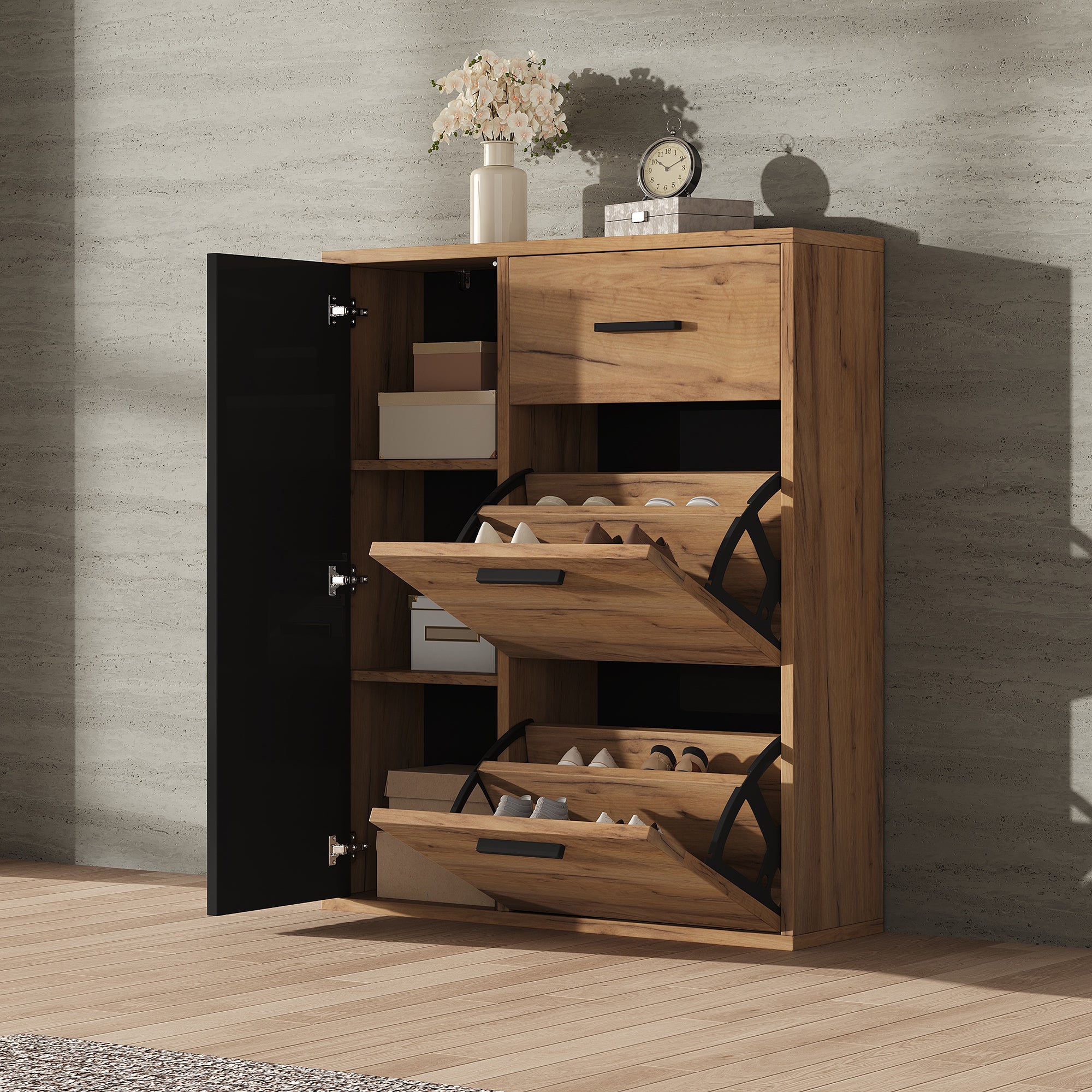 Scarpiera con 3 ante e 1 cassetto - 80 x 24 x 95,5 cm - Truciolato - Naturale + nero - 3