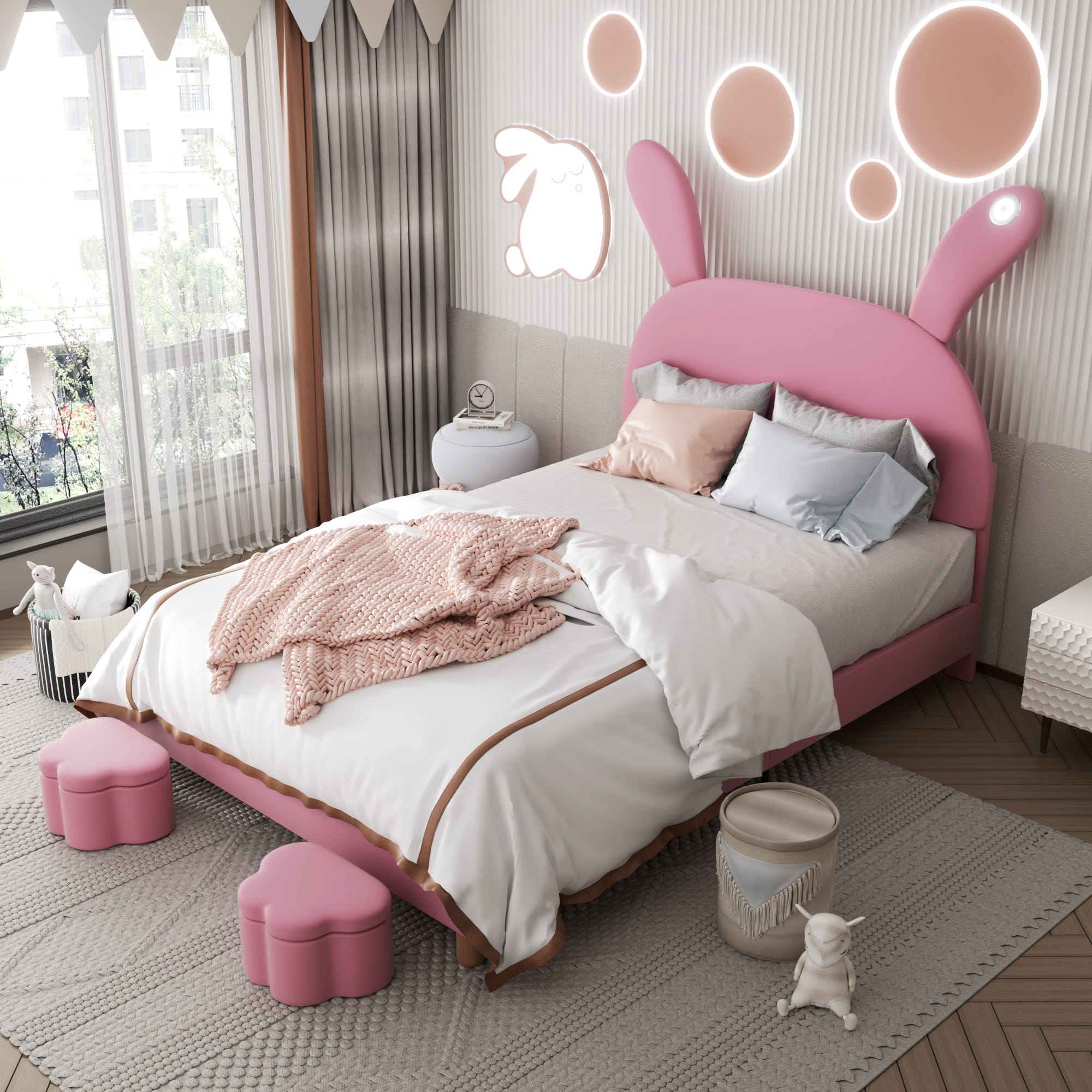 Cama Tapizada Infantil 90x200 Cm Con Cabecero Y Pies - Marco De MDF, Color Rosa, Capacidad 120 Kg