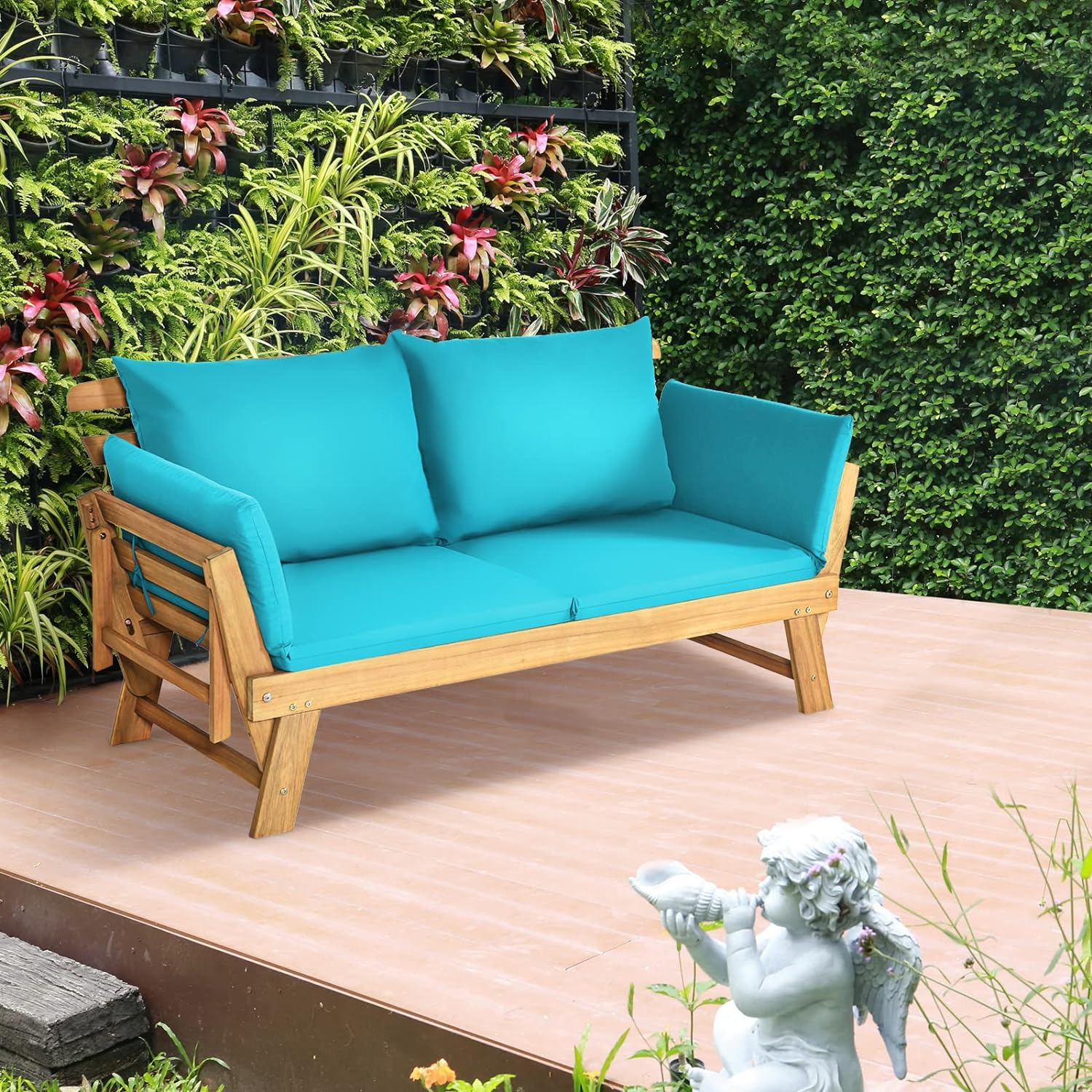 3 en 1 Canapé Lit de Jardin Extensible 2 Places Bois Acacia FSC Charge 320 KG-Accoudoirs Réglables/Coussins/Dossier Amovibles Turquois - 9