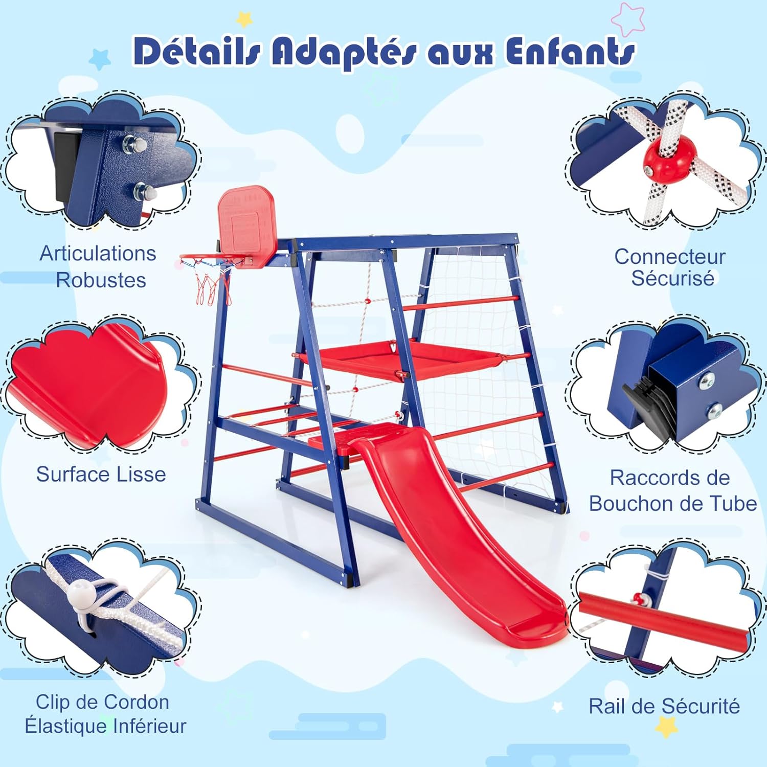 7 en 1 Aire de Jeux d’Escalade Enfant avec Toboggan & Panier de Basketball, Jouet d’Escalade Montessori avec 2 Plateforme - 3