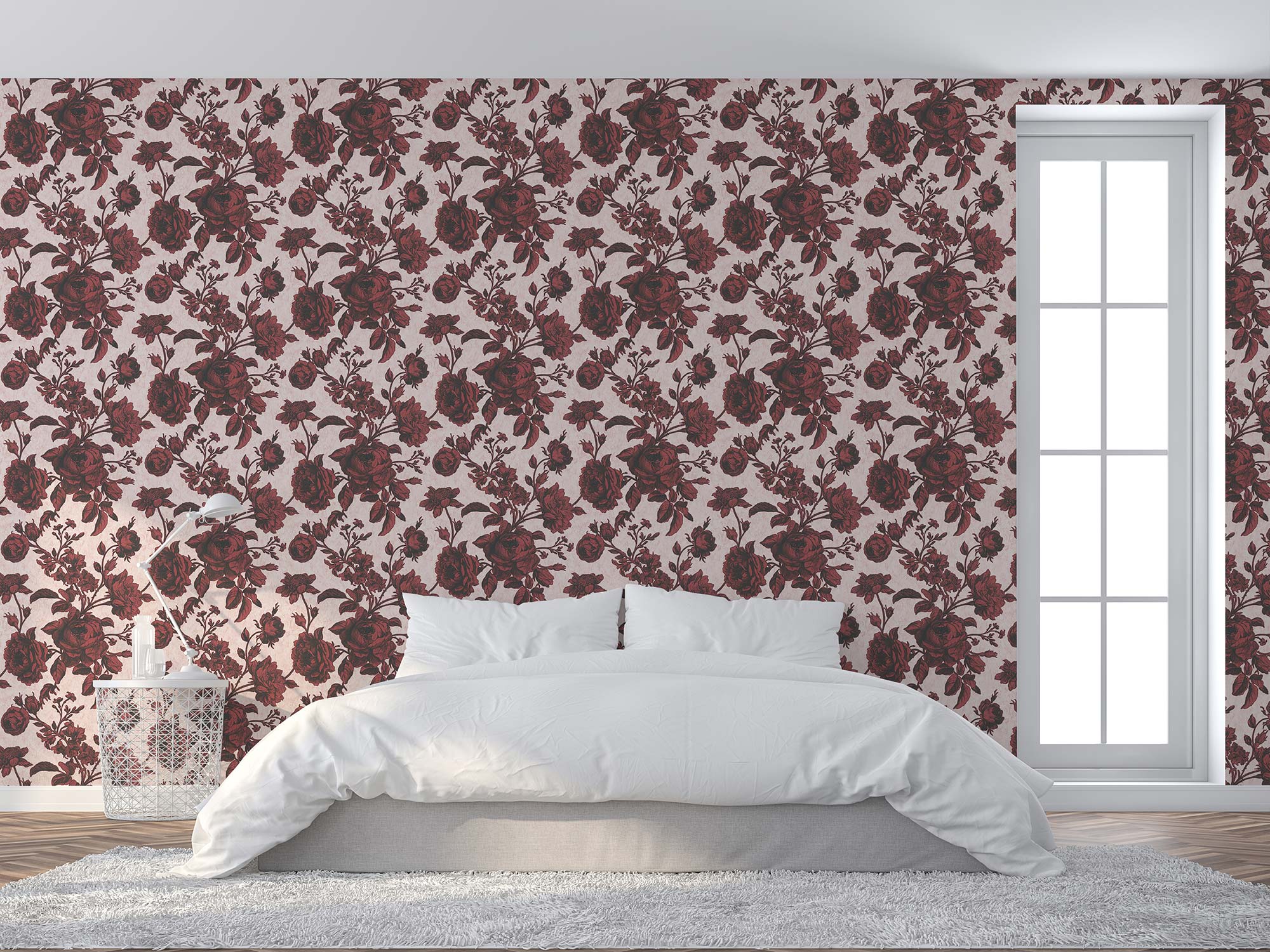 Papel pintado floral TADESSI Lenni M1-No.1841, papel pintado floral natural no tejido rojo y rosa para sala de estar, dormitorio o cocina - 2