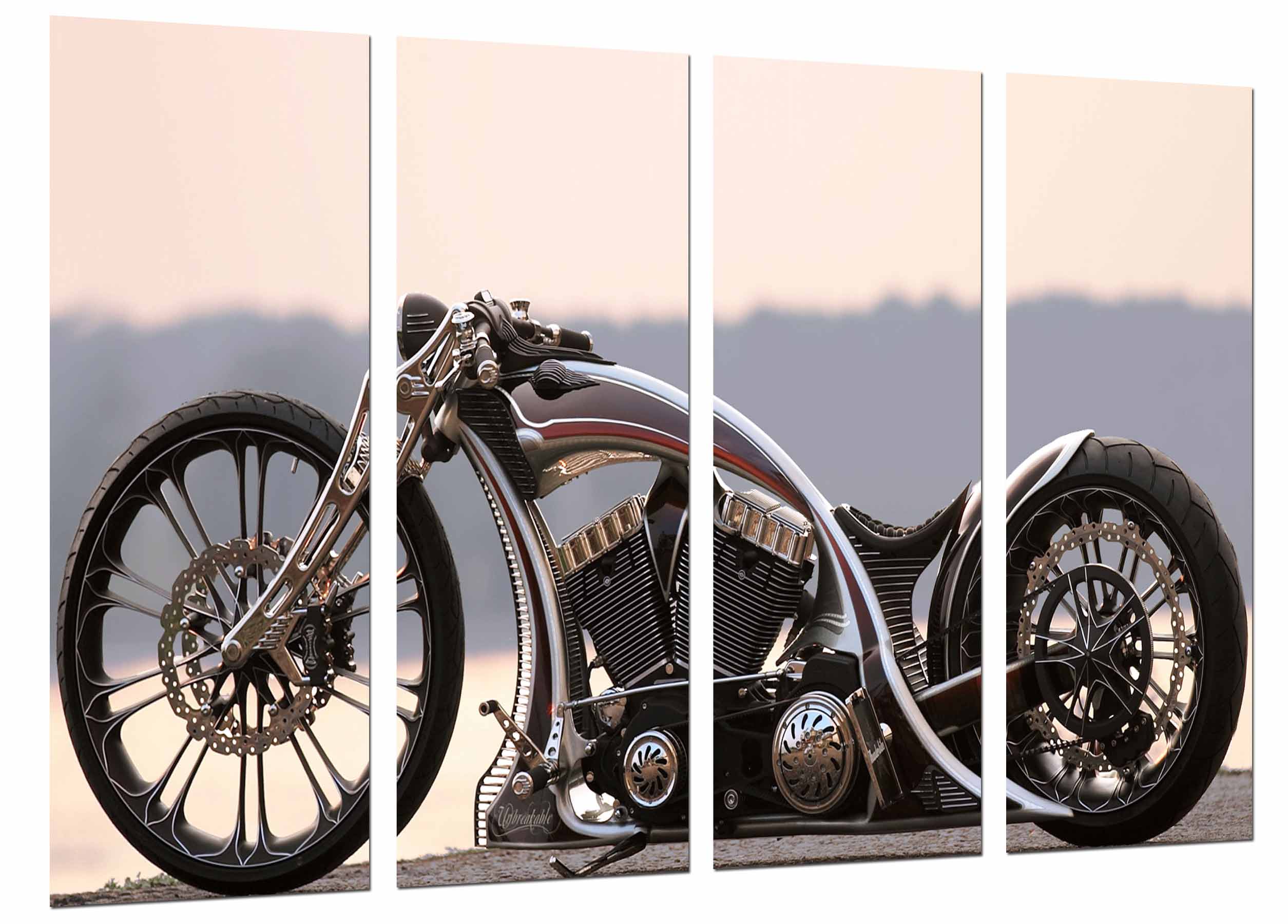 Moto custom plateada, carretera, impresión fotográfica sobre madera, cuadro moderno decorativo