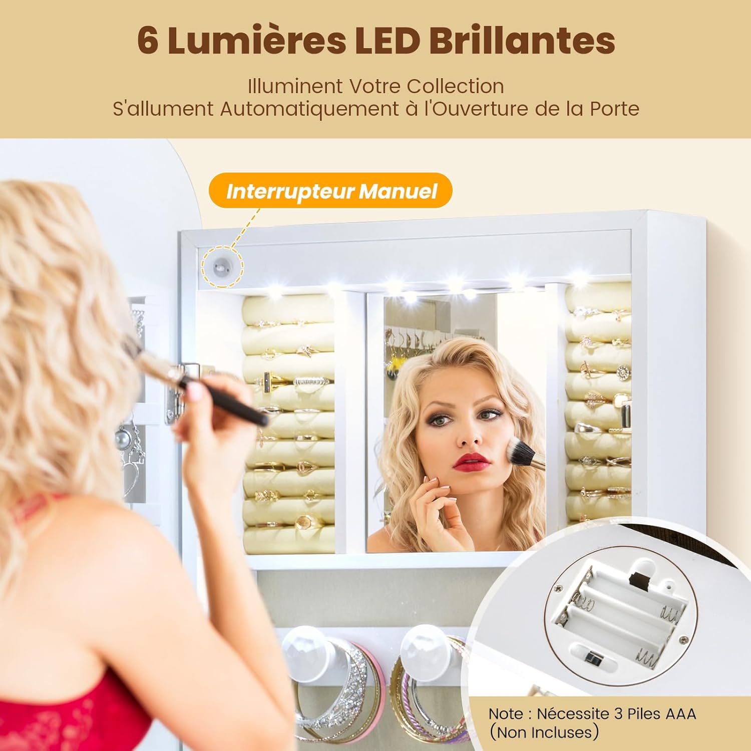 Armoire a Bijoux Suspendue avec Miroir Large & 6 Lumières LED, Porte Bijoux Mural d'Angle Rond avec Étagères & Verrouillable, 42x10x107,5 CM - 6