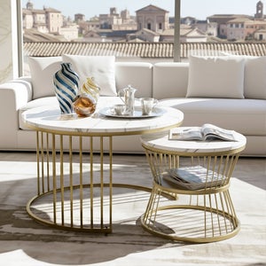 Petite Table Basse Marbre Diamètre 45 Cm - Style Salon, Piètement Bois