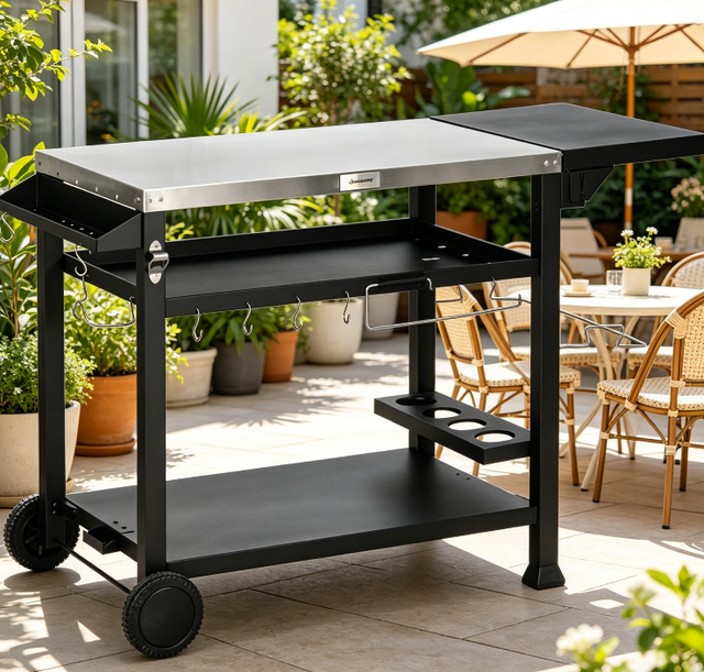 Plancha de barbecue avec table latérale rabattable, 3 étagères, 6 crochets, dimensions 125×68×84 cm, noir