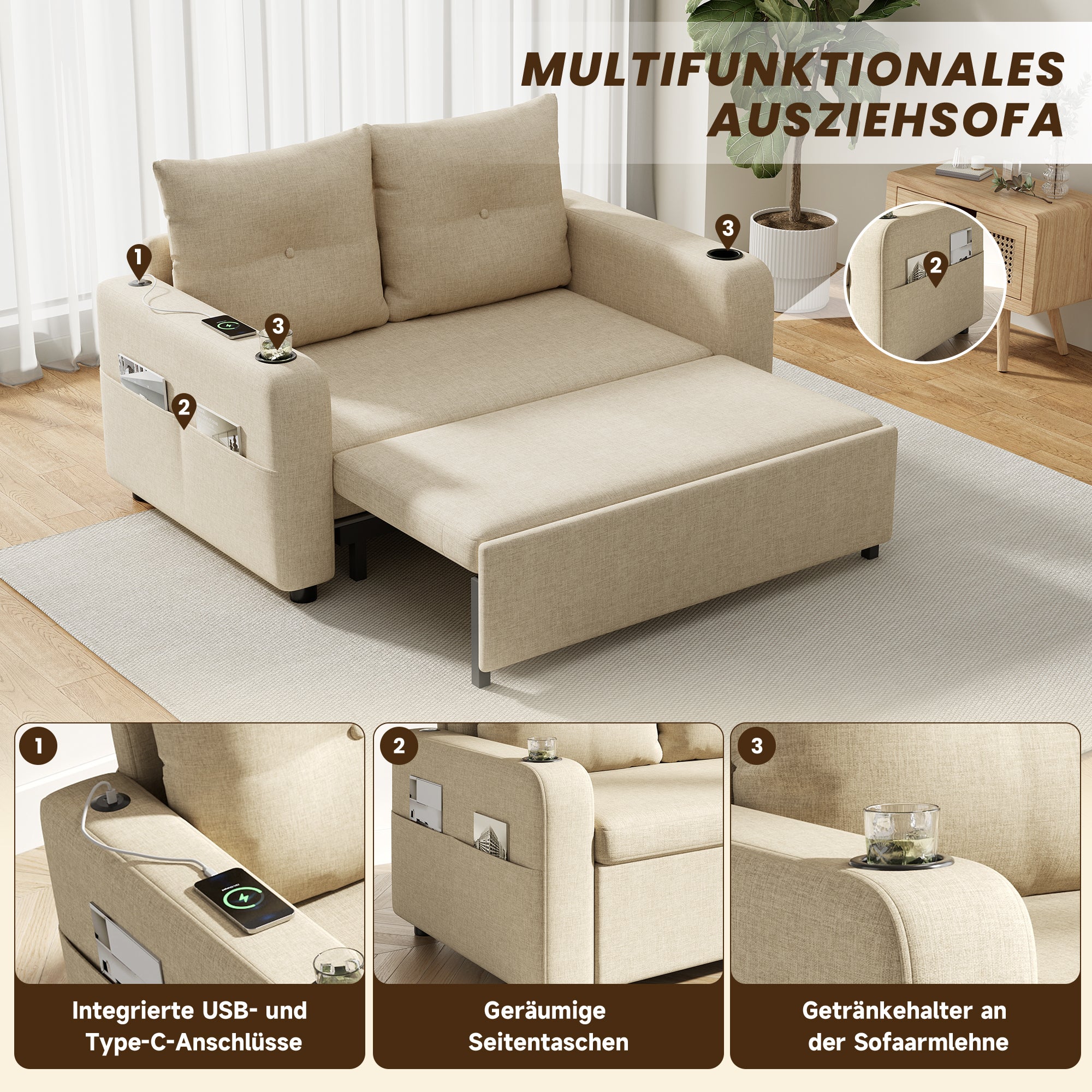 Sofa 2-osobowa z funkcją spania, uchwytem na kubek, portem USB i kieszeniami bocznymi - 131 x 81 x 94 cm - Tapicerka bawełniano-lniana - Beżowa - 5
