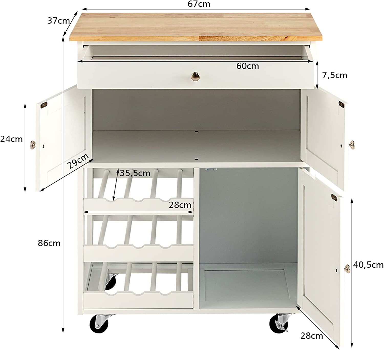 Aparador de cozinha com rodízios, tabuleiro de arrumação de cozinha em madeira de Hevea, gaveta, suporte para garrafas de 3 níveis e 2 pratele - 5