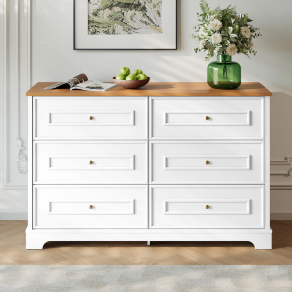 Aparador con seis cajones, medidas 120 × 40 × 76 cm, color blanco.