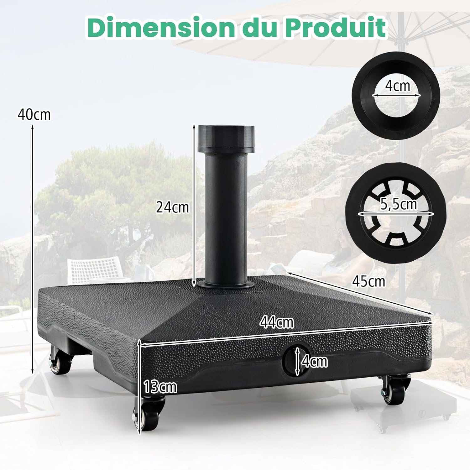 Pie de sombrilla con ruedas, soporte para sombrilla de 16 l y arena de 24,5 kg, apto para sombrilla Φ 32/48 mm, 2receptores, base sombrilla(52x41,5cm) - 2