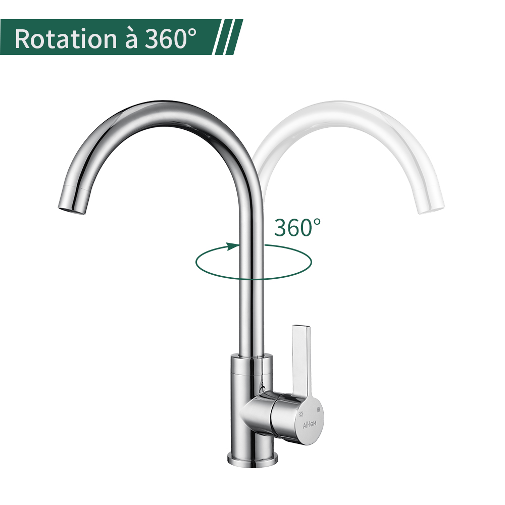 Torneira de cozinha, misturadora de lava-loiça giratória 360°, misturadora de cozinha em aço inoxidável com arejador amovível, cromada, formato U - 2